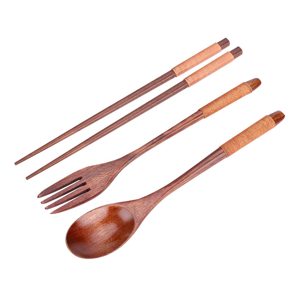 Wooden Chopsticks Spoon Fork Tableware Dinnerware 3pcs Set (with black thread)