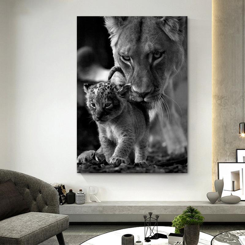 Pictură modernă pe pânză cu leu alb-negru, postere și imprimeuri, imagine scandinavă de artă de perete pentru sufragerie, decorațiuni pentru acasă Cuadros