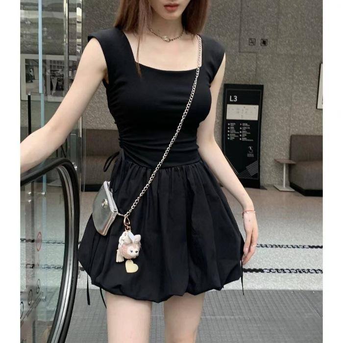

[Original practice] Summer waist drawstring short dress mortal world, square neck strap bud ballet dress women XL чорний