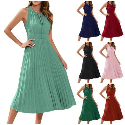 Women's Solid Color Sleeveless Leisure Vacation Travel Lace-up High Waist Pleated Hairball Dress