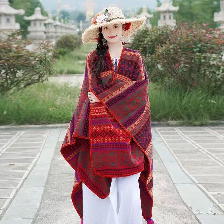 Double-Sided Wear Chinese Style Cashmere Shawl for Women Spring/Autumn Fashion Trendy Elegant Travel Outerwear Warm Cape