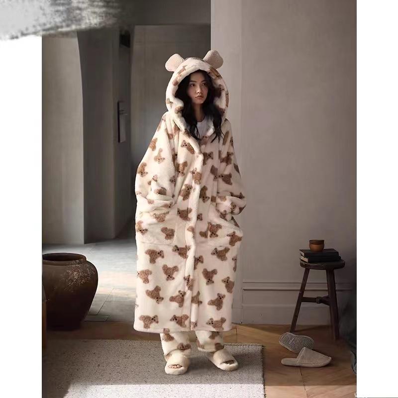 Pigiama da donna in flanella spessa con orsetto: Accappatoio Lungo in Pile di Corallo Autunno/Inverno & Abbigliamento da Casa Dolce Principessa