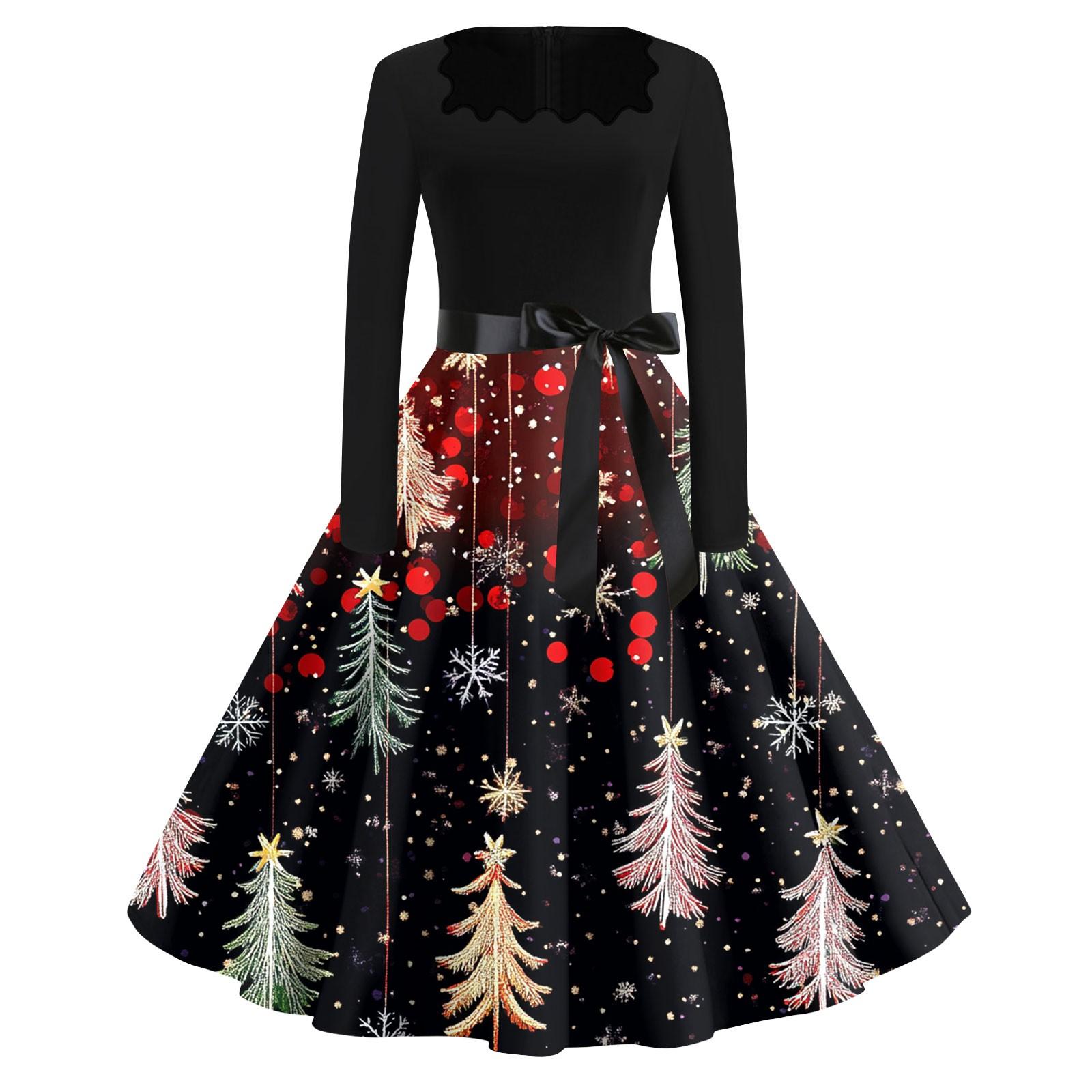 

Женская мода с квадратным вырезом, повседневные тонкие рождественские платья с длинным рукавом и принтом S винный