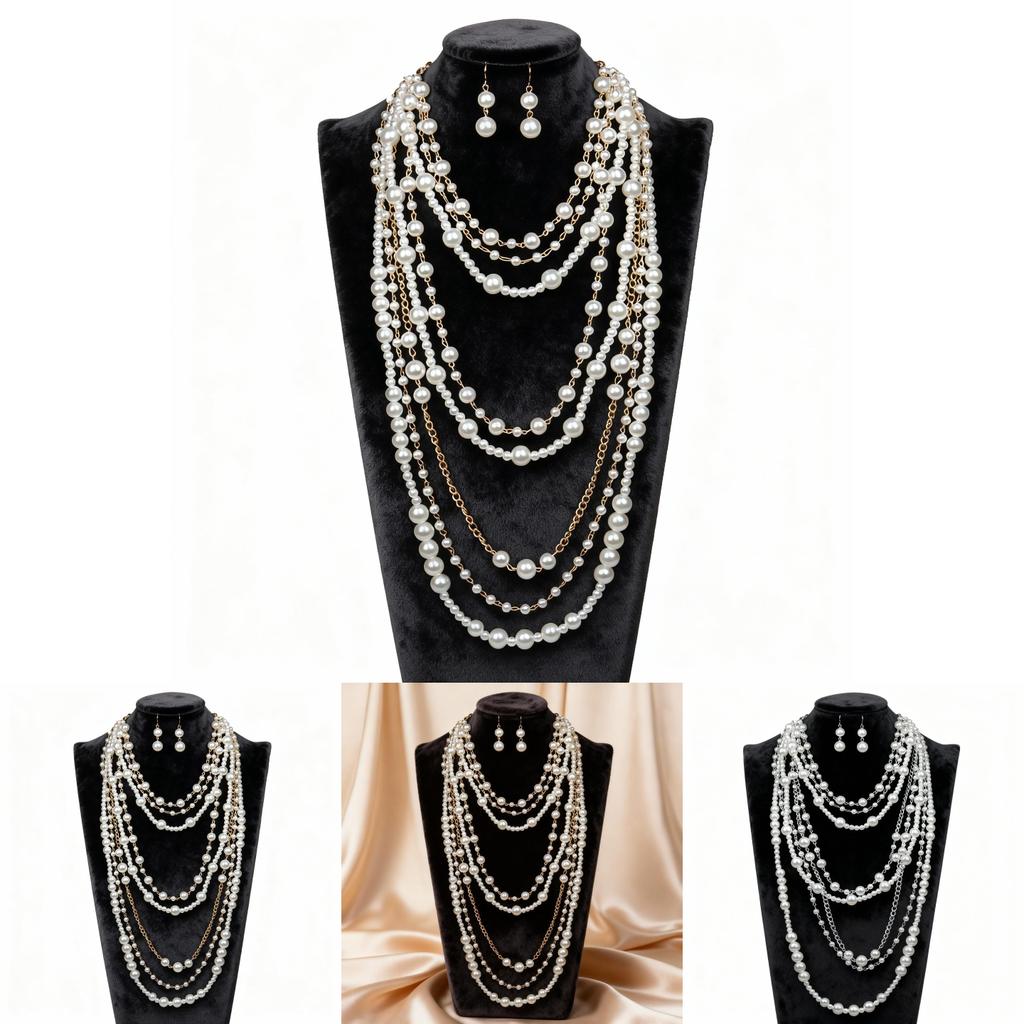 Europäischer Stil Mehrlagige Perlenkette und Ohrring-Set mit geometrischem Anhänger für Damen
