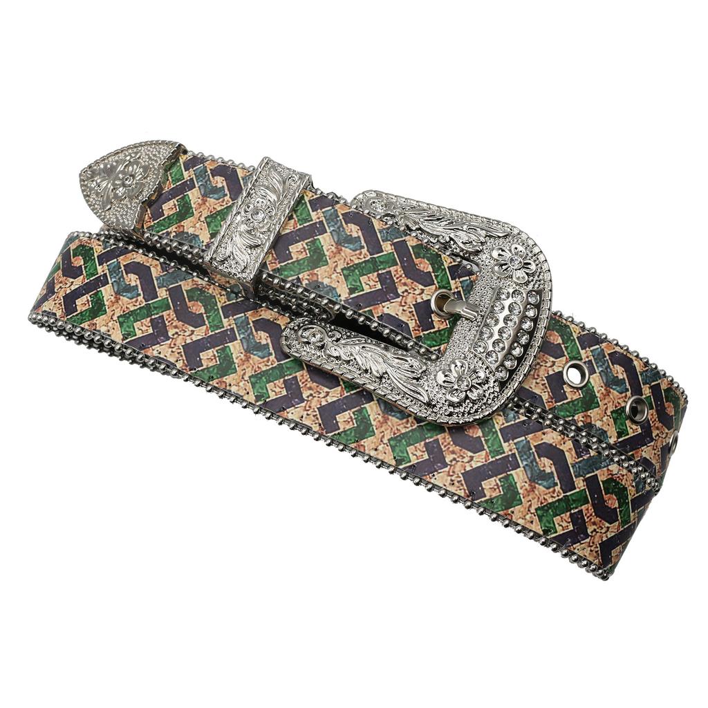 Men'S Trend Original Design Rhinestone Printed Belt Women'S Fashion Personality Pu Leather Belt