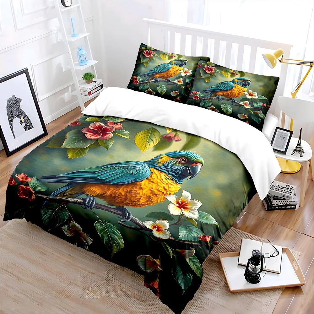 Colorful Parrot On Blooming Branch Print Soft Comfortable Duvet Cover Bedding Set Included 1*Duvet Cover 2*Pillowcases