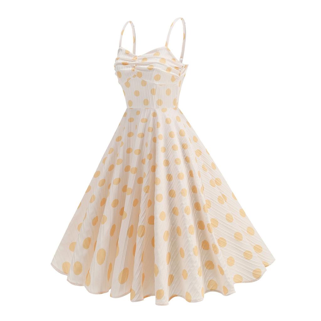 Women's  Retro Fresh Vacation Polka Dot Sling One-shoulder High Waist Medium And Long Hem Dress