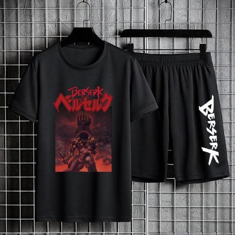 

Аніме Berserk Костюми-двійки Чорний спортивний костюм Повсякденний комплект 100% бавовна Сорочка з короткими рукавами Літні шорти на шнурках П’яті штани M