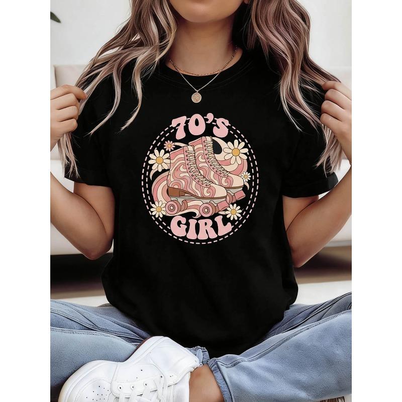 

Women s 70s Letter Print T-Shirt Daisy Wheel Shoe Design Crew Neck Short Sleeve Casual Summer Top 4XL чорний