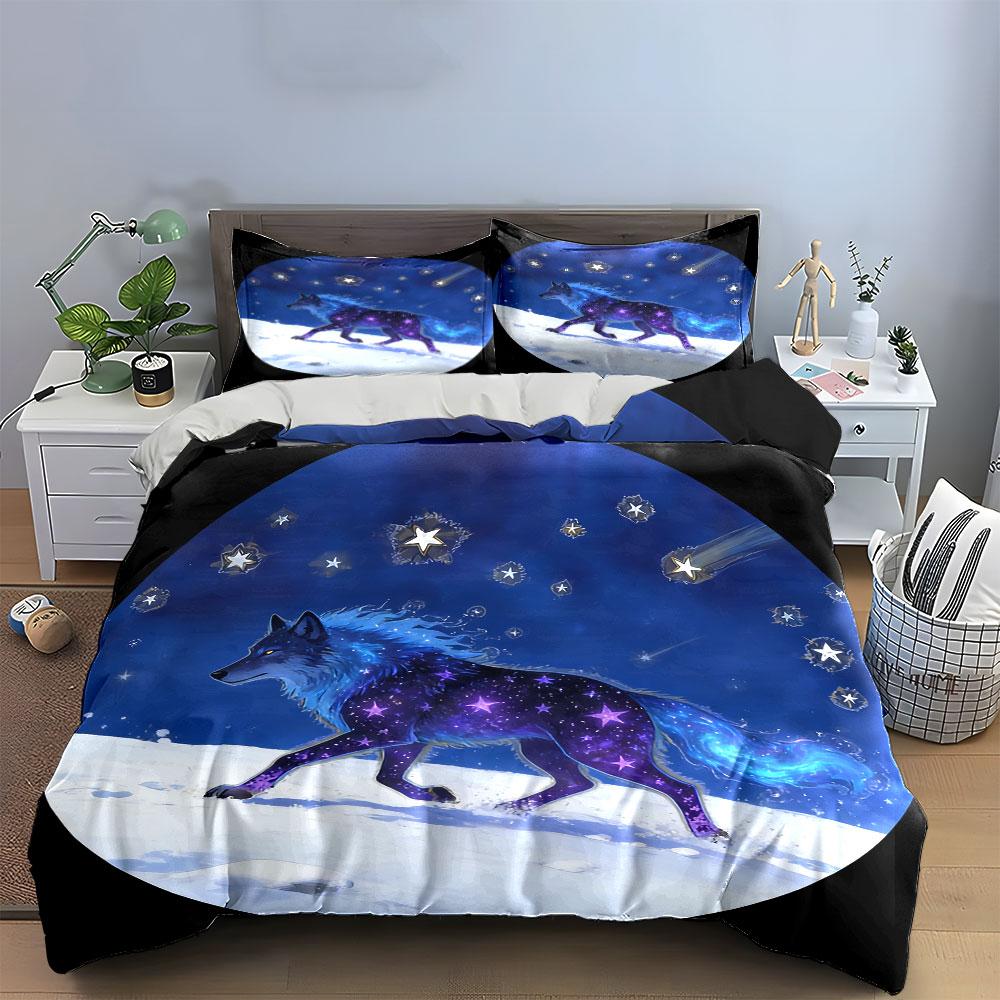 Starry Wolf Decor Set Soft Comfortable Duvet Cover Bedding Set Included 1*Duvet Cover & 2*Pillowcases, Gift