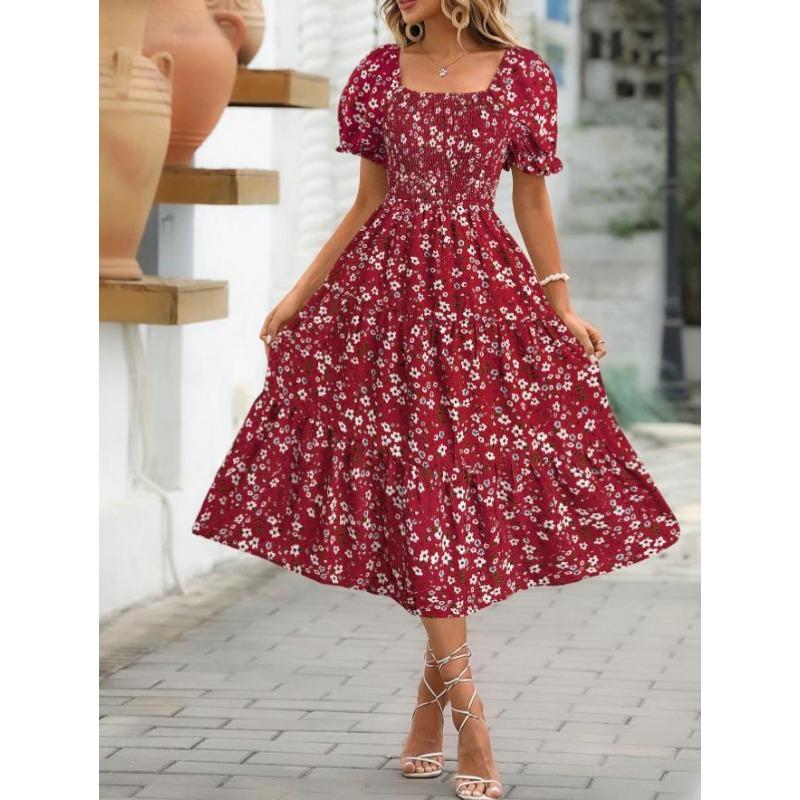Women's Printed Square Neck Waisted Bubble Sleeve Layered Dresses