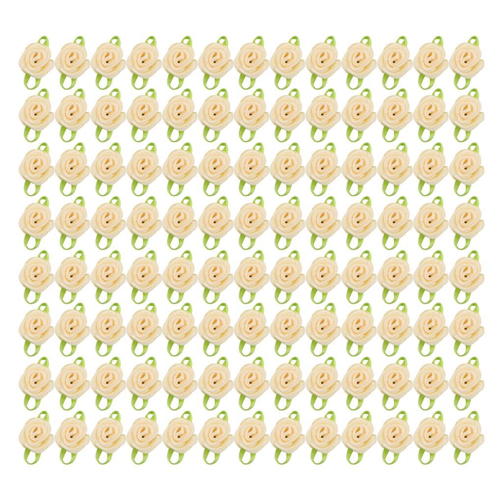 450Pcs Mini Ribbon Rose Decoration Bow Flower with Leaf Ornament for DIY Sewing CraftingBeige
