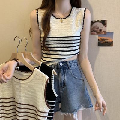 French Striped Knitted Vest for Women In Summer Thin Ice Silk Sleeveless Camisole with Inner Lining T-shirt Top and Trendy Outerwear