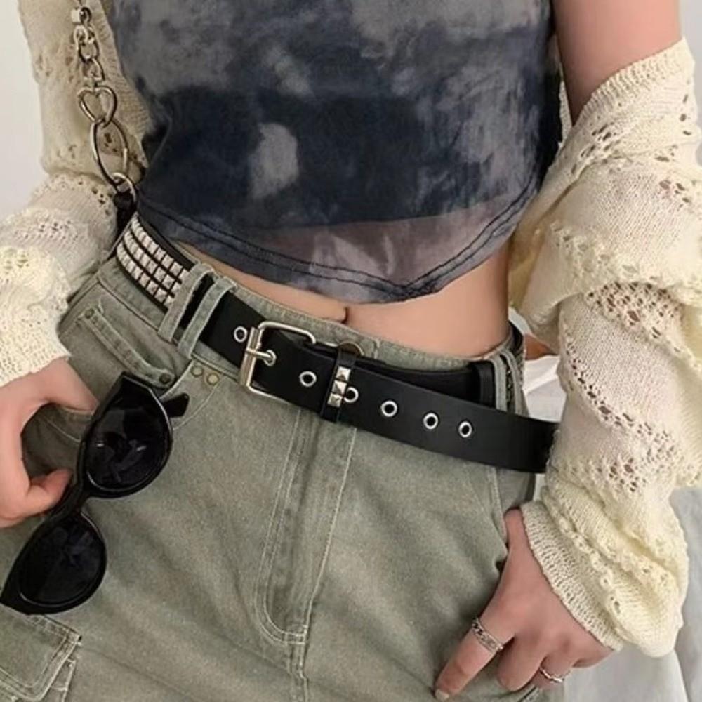Vintage Punk Rivet Belt Stainless Steel Buckle Y2K Pyramid Belt Metal Gothic Waistband  Rock