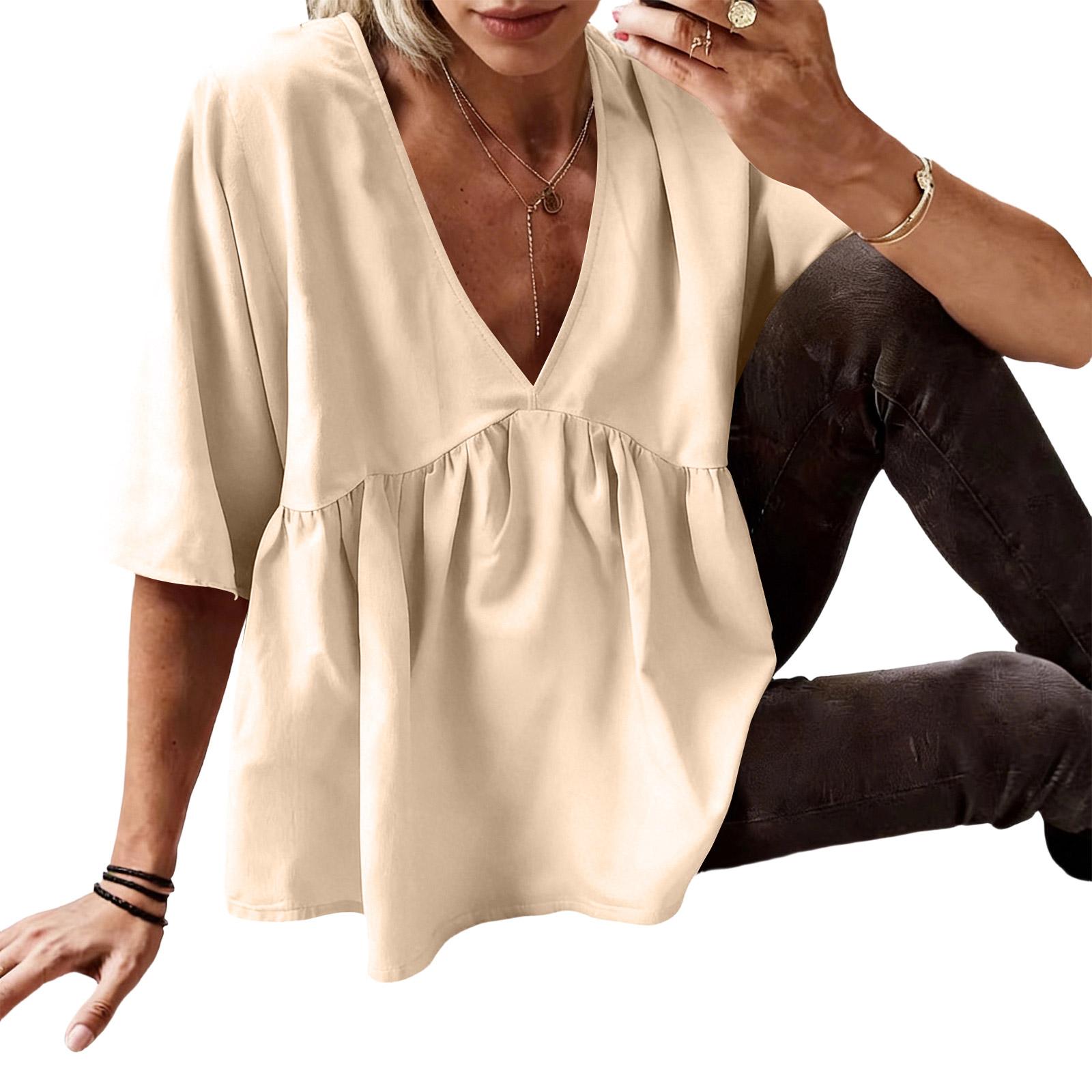 

Ladies Casual Loose And Fashionable Short Sleeved V-neck Pullover Top XL жовтий