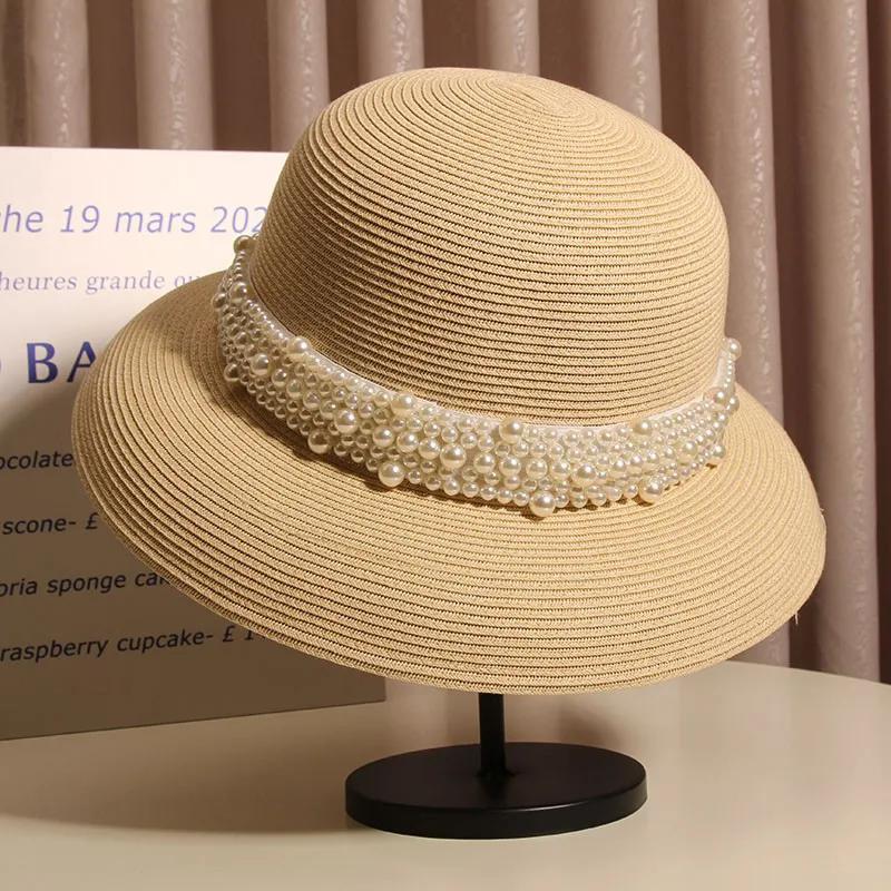 WTEMPO Women's Foldable Fashion Sun Protection Adjustable Cool Hats Solid Color Spring Summer Wide Brim Sun Hats with Pearls