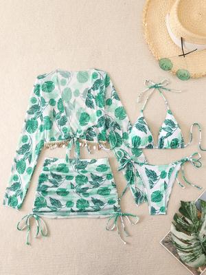 2026 European & American Chic 4-Piece Split Swimsuit - Women's Sexy Summer Long Sleeve Swimwear