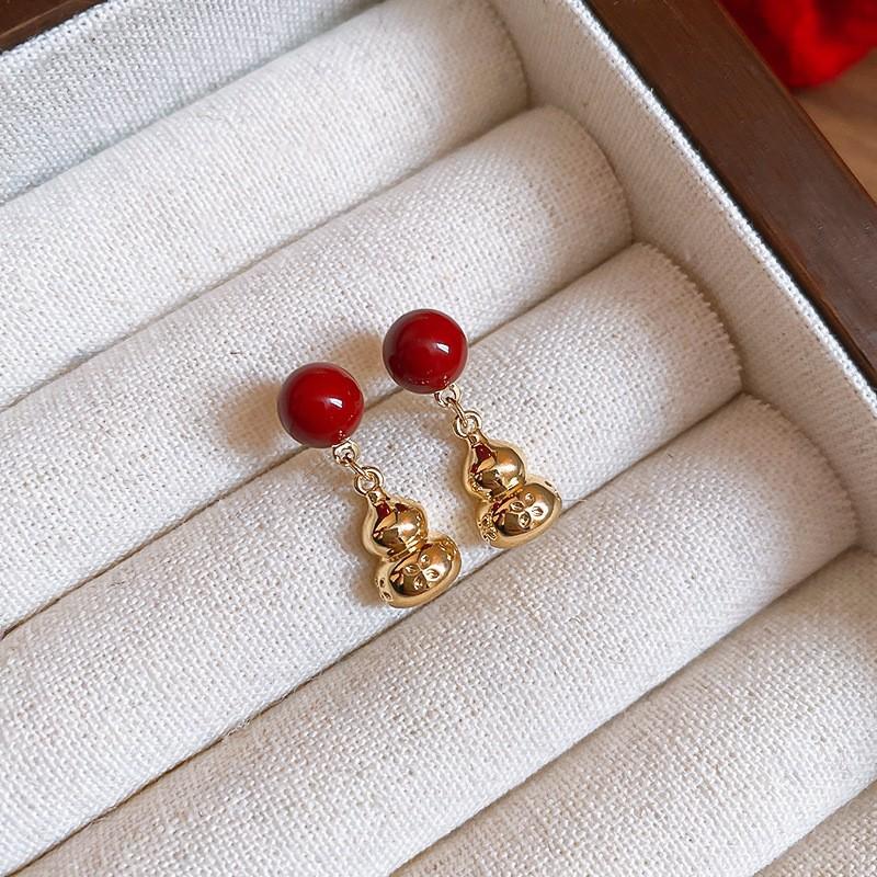 New Year's red flower flocking stud earrings women's niche earrings versatile earrings autumn and winter