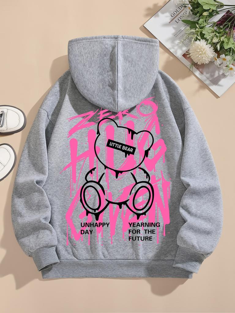 2025 Fashion Men's Autumn Teddy Bear Graffiti Printed Soft and Comfortable Hooded Sweatshirt Outdoor Street Versatile Clothing