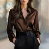 Women Shirt Lapel Long Sleeve Single Breasted Shirt Tops Smooth Fabric Satin Office Lady Shirt Versatile Autumn Wear