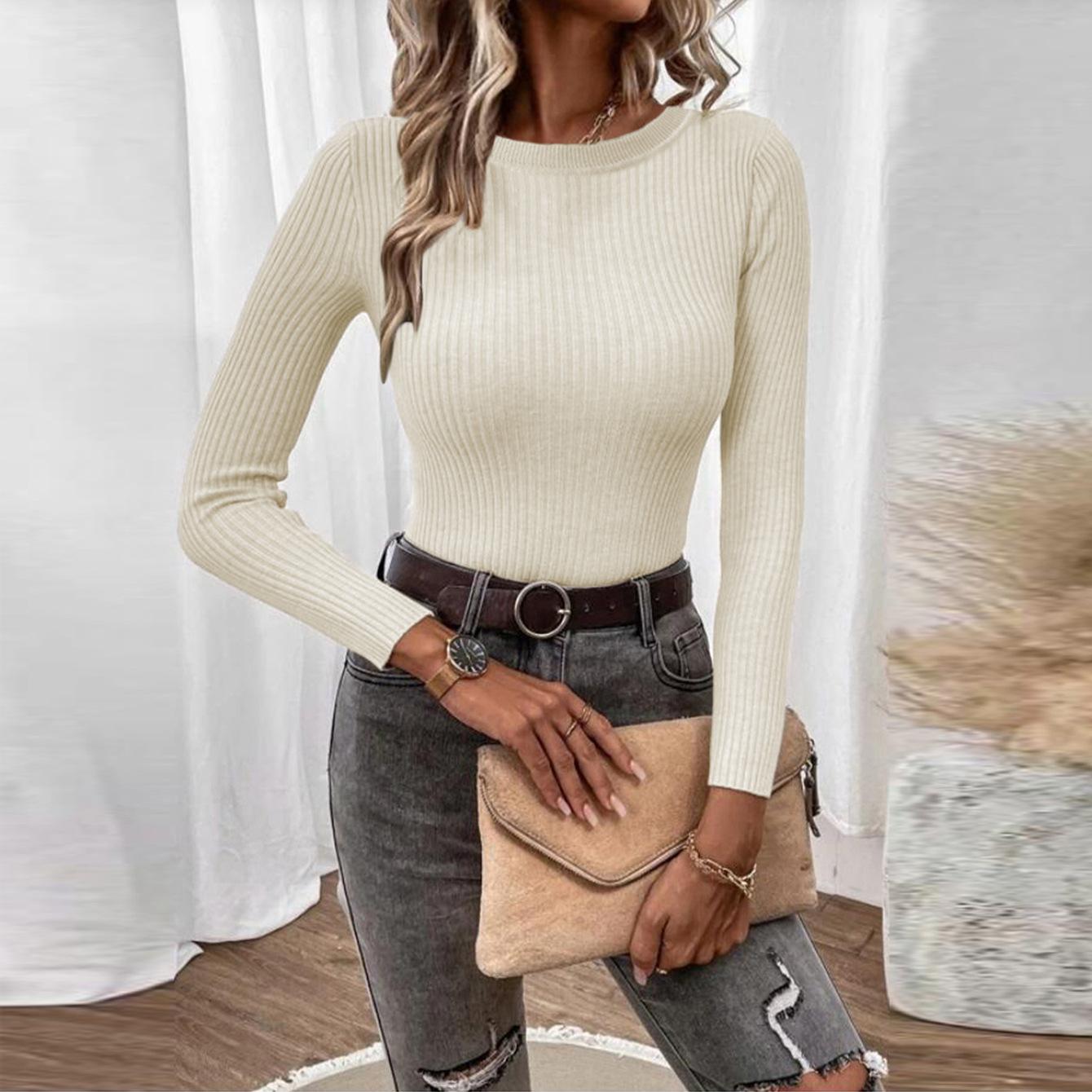 

YYFS Женская мода Повседневный Осень Зима Однотонный Принт Длинный Рукав О-Образным Вырезом Свитера XL абрикосовый