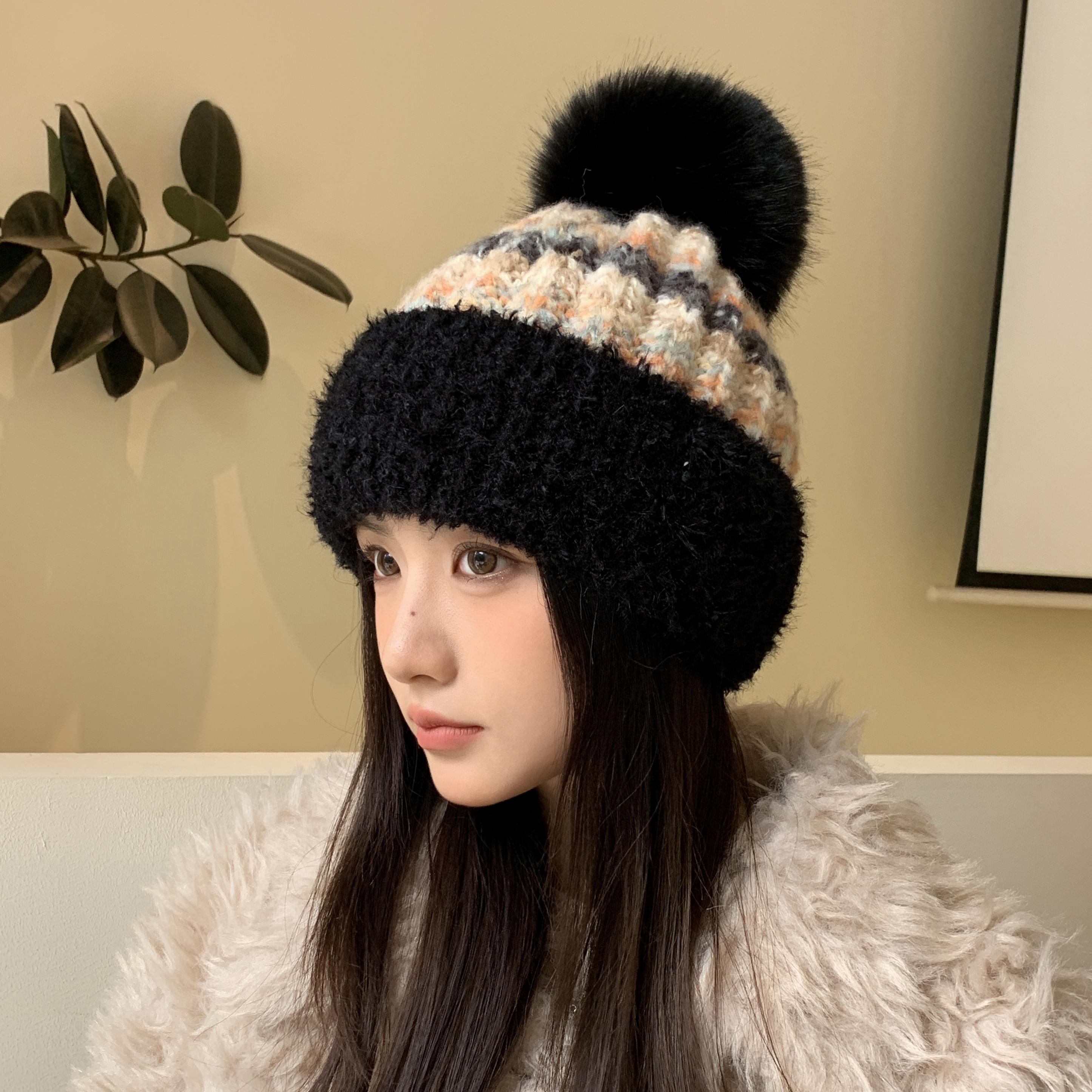 

Color Knitted Wool Hat Women s Winter Retro Ear Protection Hat Sweet and Cute Cold and Warm Cold Hat one size чёрный