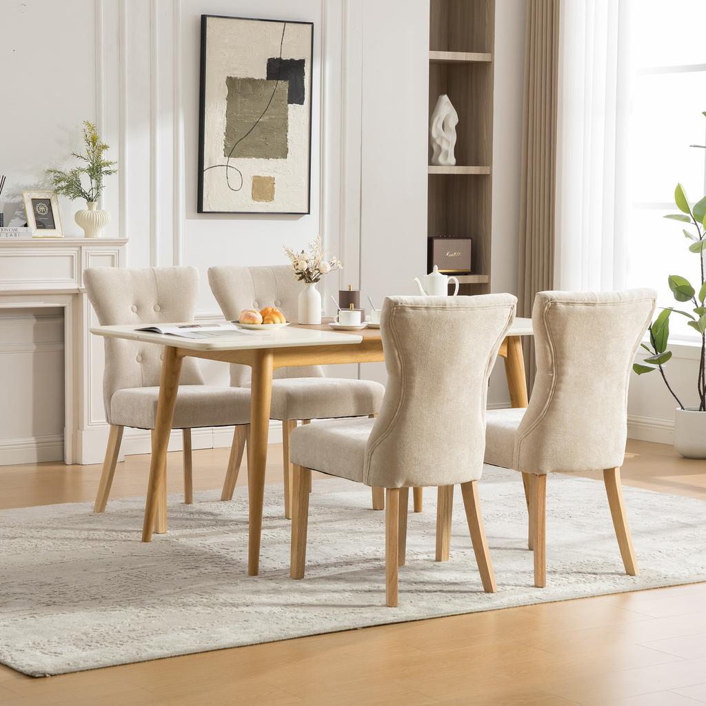 Modern upholstered dining chairs made of solid wood with chenille fabric cover, with wood legs and rivet decoration. 2 pieces per carton.-Beige