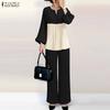 ZANZEA Damen Langarm Patchwork Bluse und Hose Lässige Zweiteilige Anzugsets