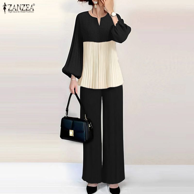 ZANZEA Damen Langarm Patchwork Bluse und Hose Lässige Zweiteilige Anzugsets