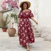 Frühlings-Retro-Quadratkragen-Druck-Übergrößen-Kurzarmkleid