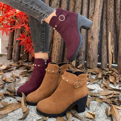 Damen Knöchelboots im Britischen Stil mit Weiter Passform - Chunky & Hoher Absatz Martin Boots mit Nieten & Schnalle, Herbstmode Stiefel