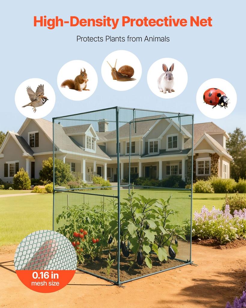 Crop Cage, 1.2 X 1.2 X 1.8 M Plant Protection Tent with Zippered Door, Wind-Resistant Tall Crop Cage, Easy To Install, Outdoor Raised Bed Cover,