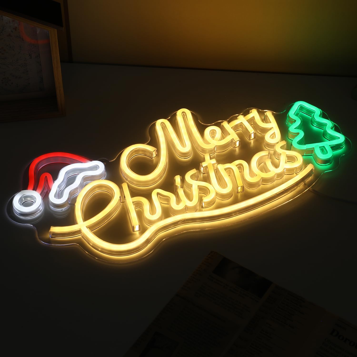 

Merry Christmas Neon Sign, 16.7 x 7.9 Acrylic LED Sign with Tree & Santa Hat, USB Powered Warm White for Home Decor 0.6M