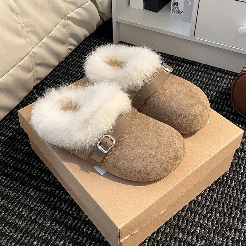

Buckle loose fluffy flanged platform slippers women s 2025 winter retro versatile simple outer wear Doudou shoes cotton shoes 40 бежевый