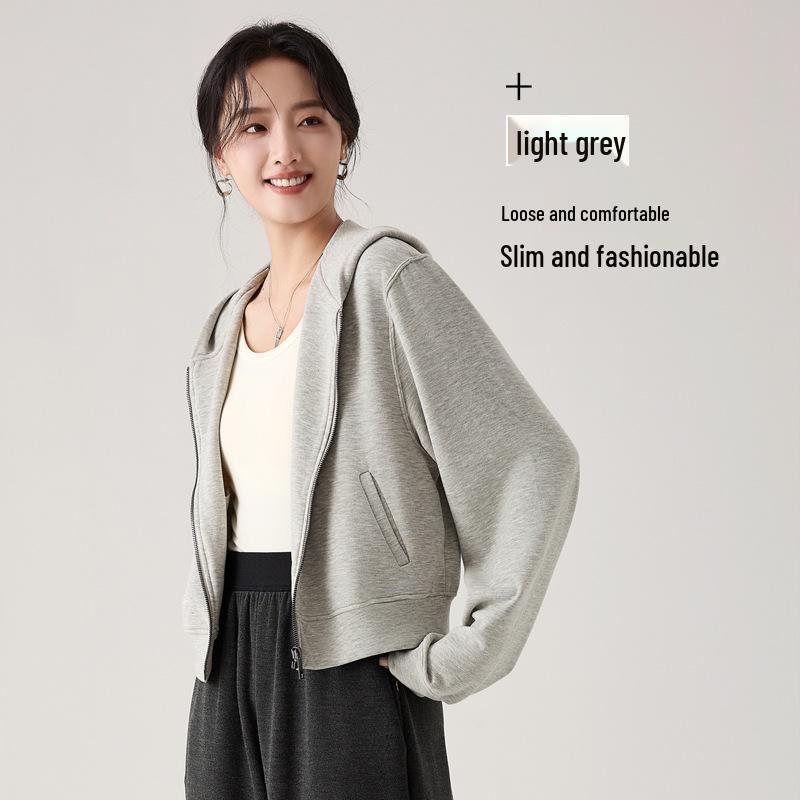 

Женская кашемирово-шелковая куртка с капюшоном: Осень/Зима Молния, Кулиска, Повседневный Свободный Крой. L светло-серый