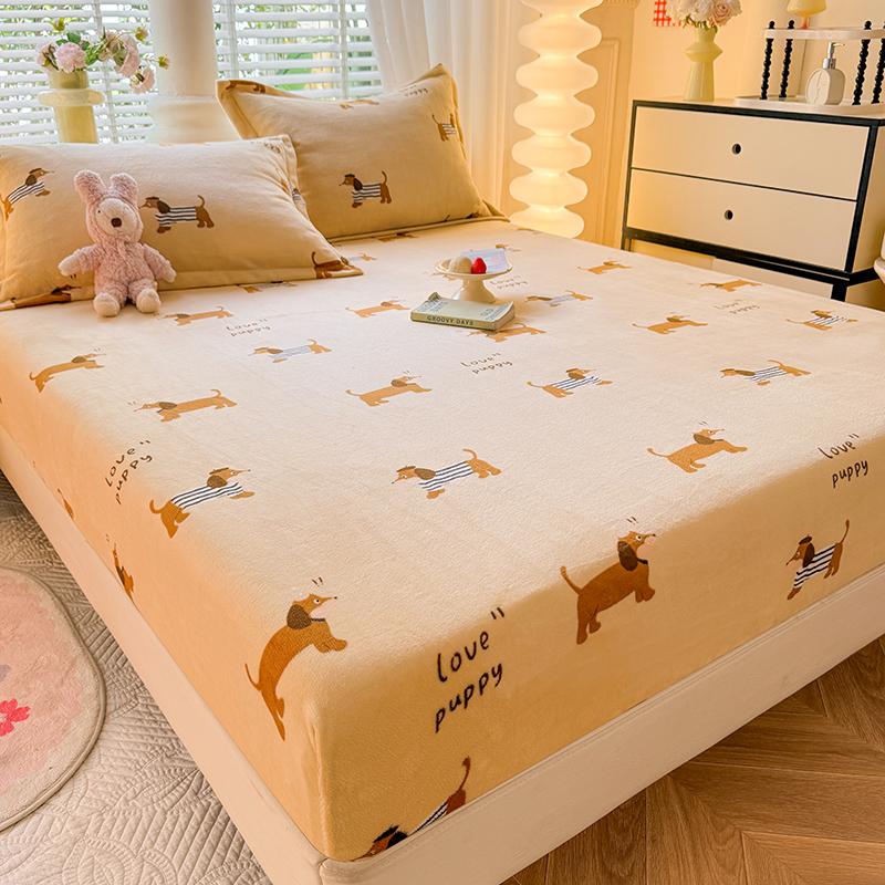 Soft Bedsheet Warmth Fitted Sheet Cartoon Style Bed Linen Velvet Bed Cover Sheets with Elastic Band Drap De Lit (No Pillowcase)