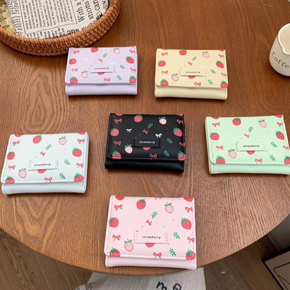 Strawberry PU Leather Wallet Printing Card Holder Portable Tri-fold Wallet  Girl