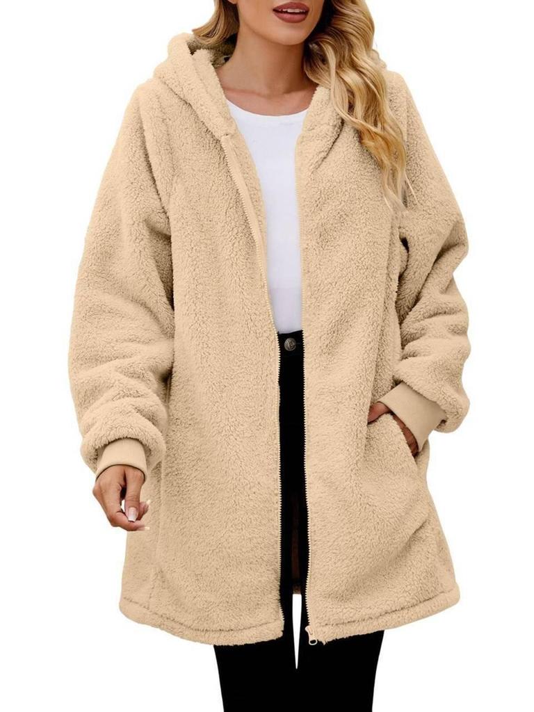 2026 Winter Women's Loose Plush Long-Sleeved Hooded Zipper Cardigan Jacket