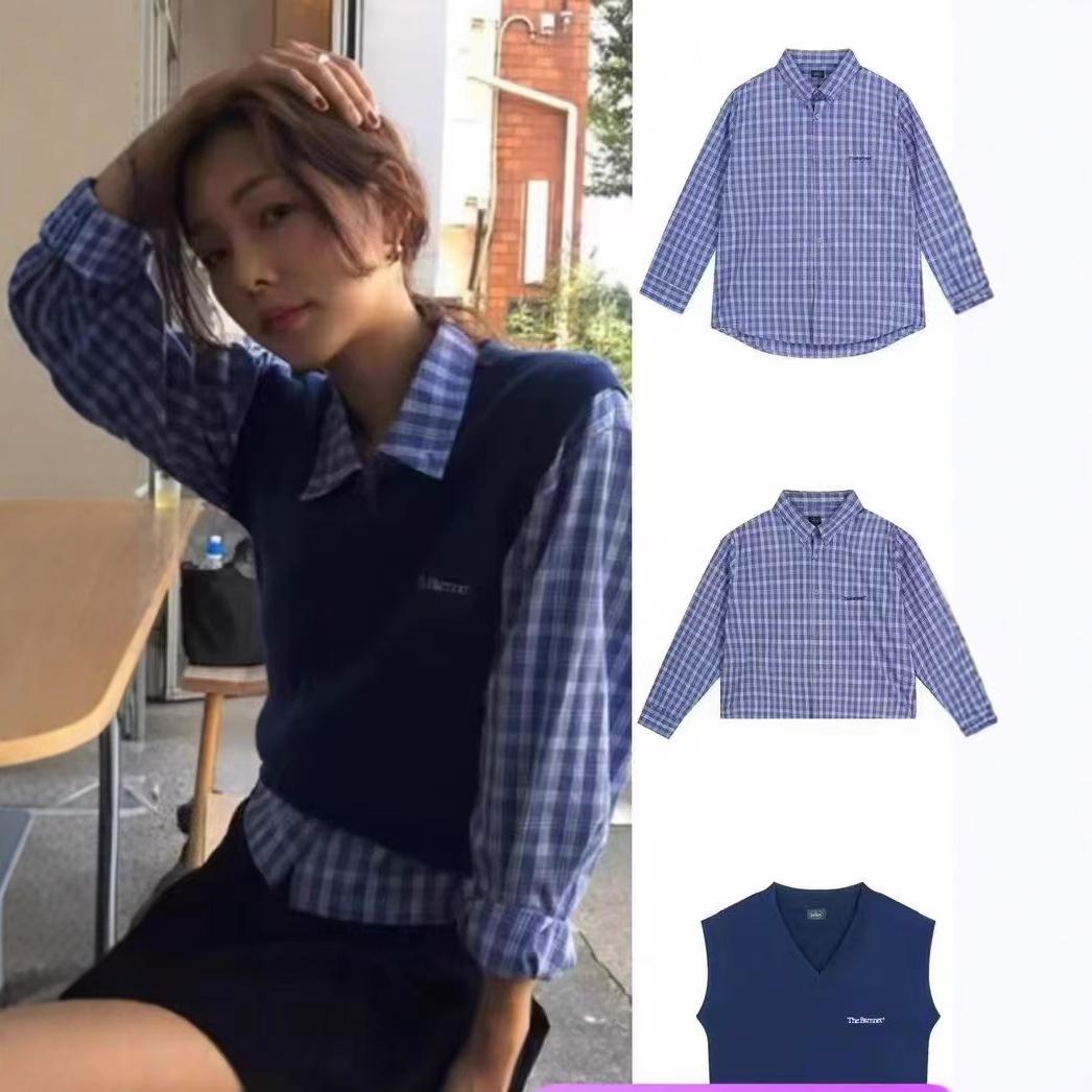 

2024 Autumn Blue Plaid Embroidered Couple s Classic Long-Sleeve Shirt One Size