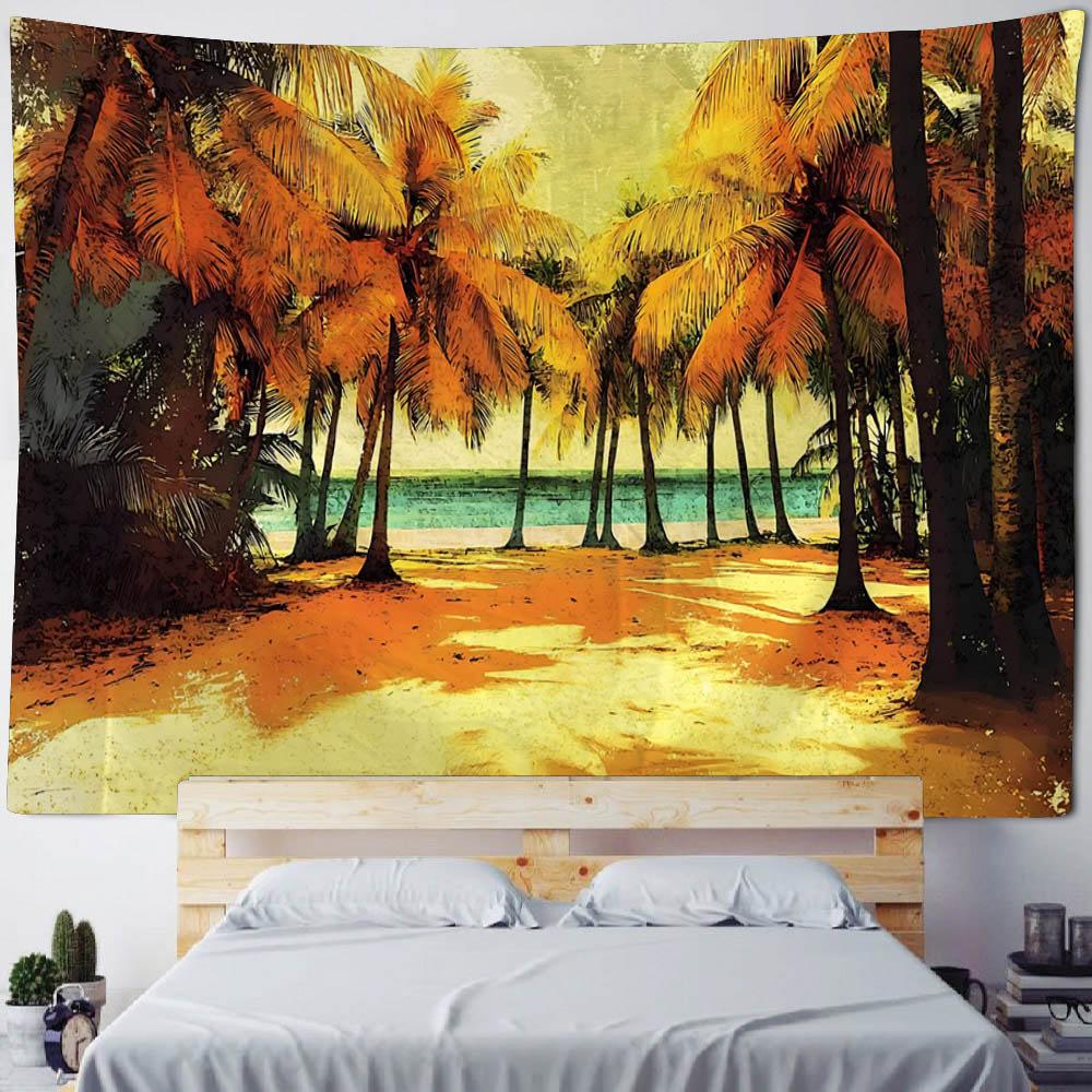 Coconut Tree Sunrise Tapestry Retro Sea View Oil Painting Art Wall Hanging Home Decoration Hippie Wall Background Poster