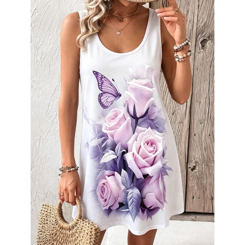 

Summer Women s Round-neck Sleeveless Flowers 3D Vacation Dress Fashionable Comfortable Soft Breathable Mini Dress S