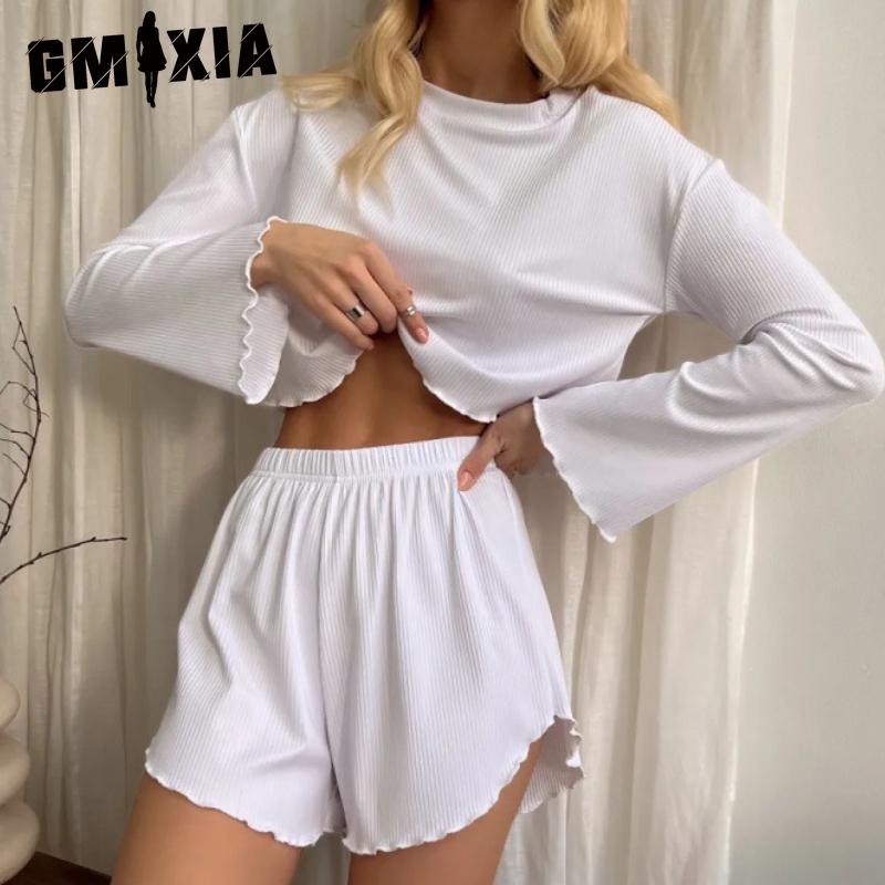 GMXIA Long Sleeve Shorts Autumn and Winter O-Neck Pajamas Two Piece Women's Home