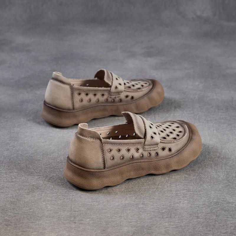 Johnature Soft Soled Slip-on Genuine Leather Loafers Comfortable Hollow-out Breathable Women's Flat Shoes