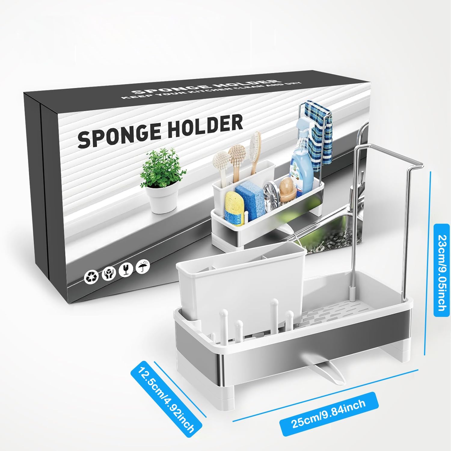 

Белый кухонный органайзер из нержавеющей стали 304 с самосливным поддоном для губки, тряпки, щетки, мыла белый