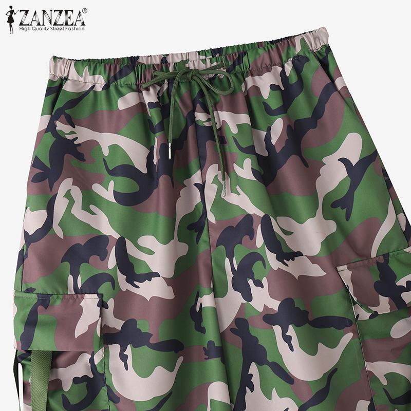 ZANZEA Women Casual Elastic Waist Loose Camouflage Print Cargo Pants