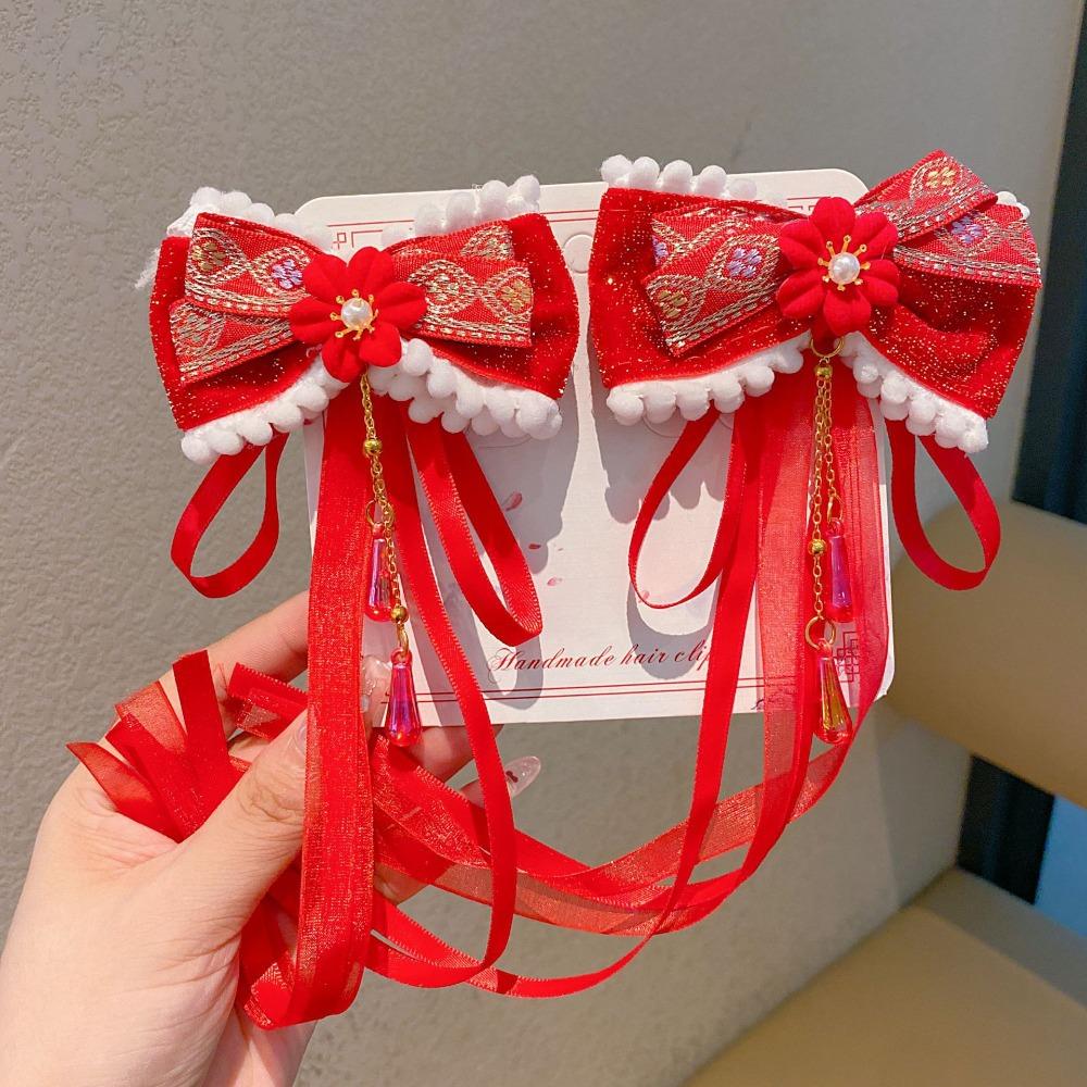 Plush Ball Children's Chinese Hairpin Bow Embroidered Bow Headwear Hanfu Hair Accessories  Kids