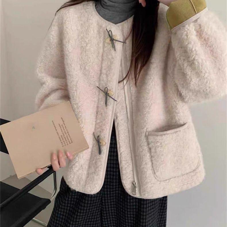 

Женское пальто из натуральной шерсти ягненка - Осень/Зима 2025, Корейский стиль, Свободный крой, Color Block, Круглый вырез, Универсальный теплый топ с интегрированным мехом S (85-100 lbs recommended)