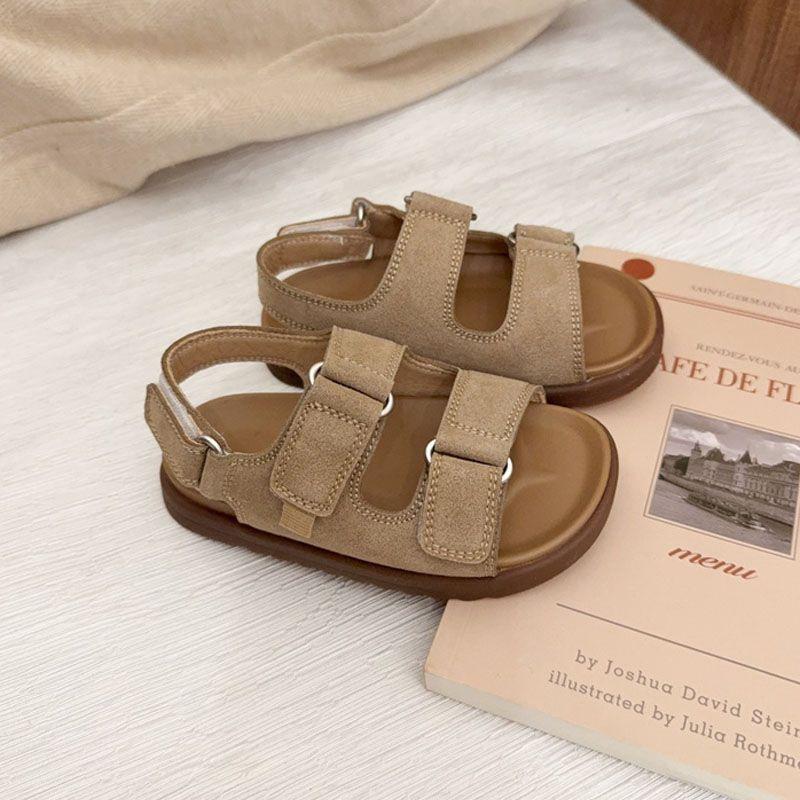 Retro matte leather brown British style beach shoes girl baby boy soft-soled sandals 2025 new summer shoes non-slip