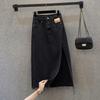 Women's Fall Black High Waist Slit Frayed Hem Denim Midi Skirt