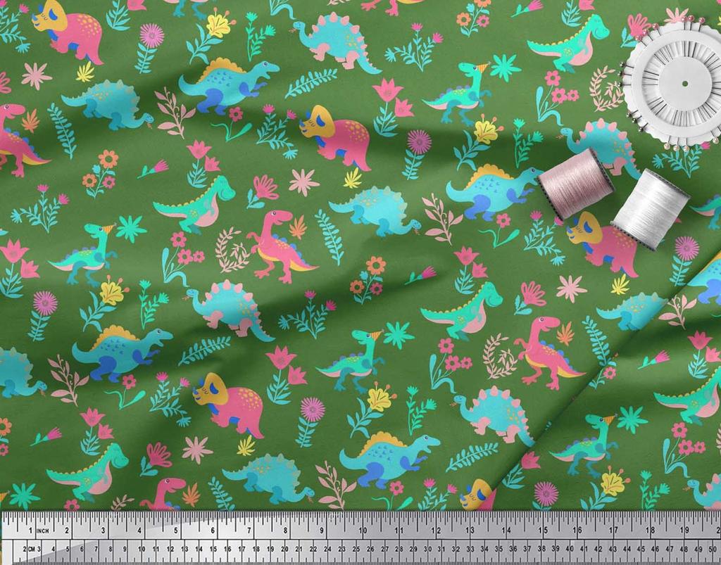 Soimoi Black Japan Crepe Satin Fabric Aster Flower & Dinosaur Kids Print Fabric by Metre 42 Inch
